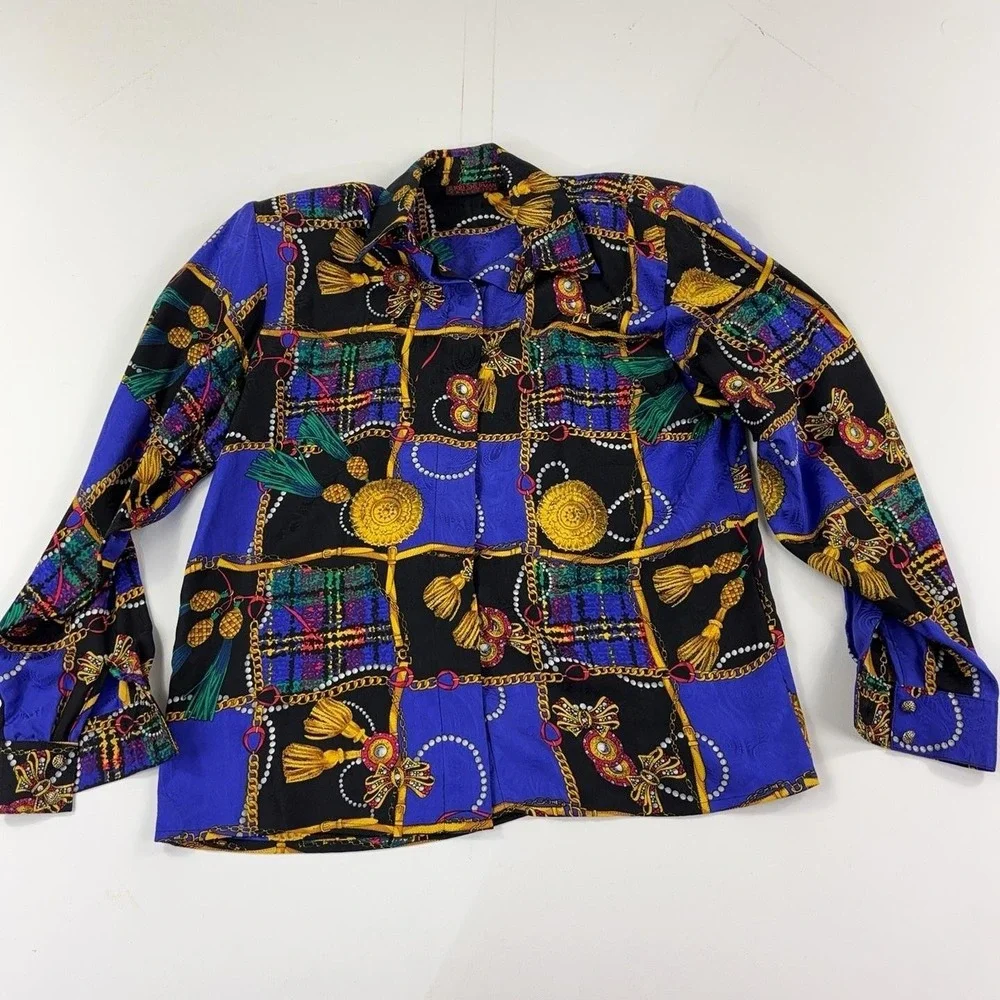 Vintage Jerri Sherman Collection Shirt Womens 8 Gold Paisley Long Sleeve Silk